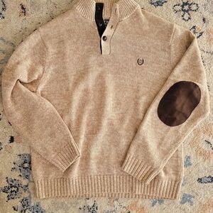 Chaps Beige Button-Up Sweater with Brown Elbow Patches